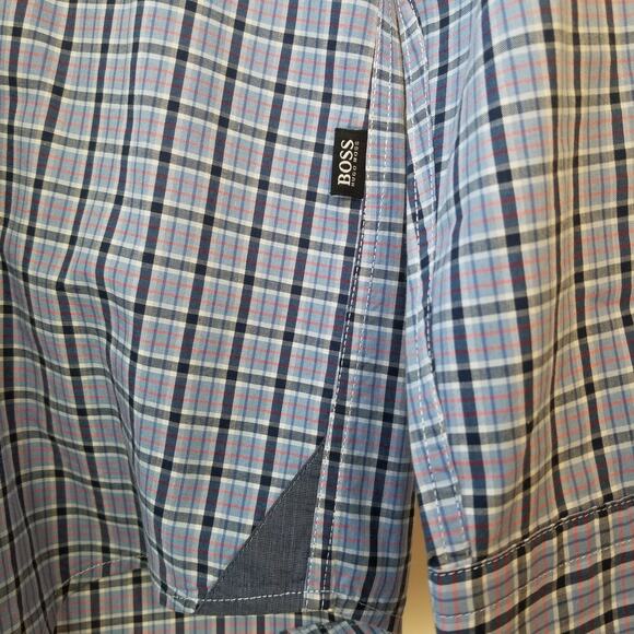 Hugo Boss Long Sleeve Button Down Dress Shirt Blue Checkered Large - Picture 3 of 6